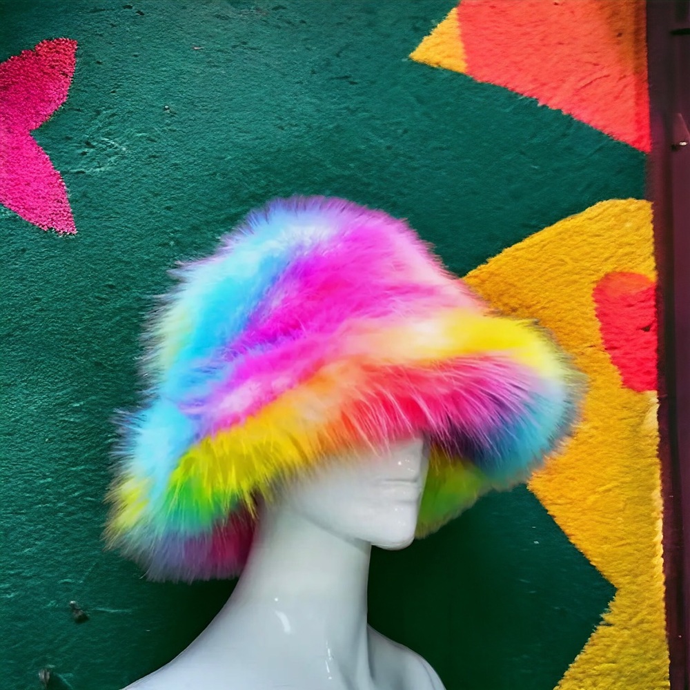 Green Pink Marble Swirl Faux Fur Costume Y2K Rave Fuzzy Furry Bucket Hat - Picture 3 of 5